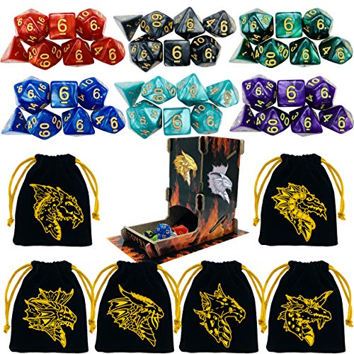 TOYFUL 6 Sets DND Dice Polyhedral Dungeons and Dragons DND RPG MTG Table Game Dice Bulk with Free Six Drawstring Bags and D&D Dice Tower Black