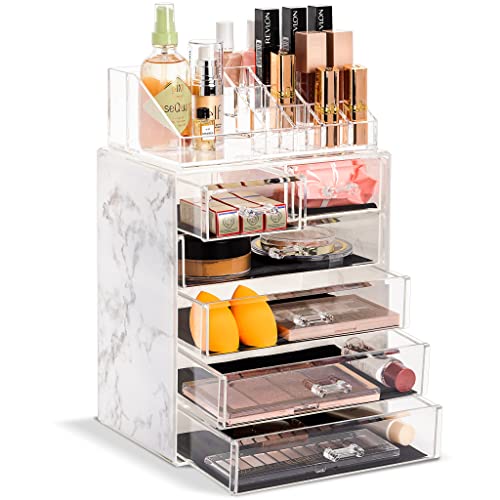 Sorbus Clear Cosmetic Makeup Organizer – Make Up & Jewelry Storage, Case & Display – Spacious Design – Great Holder for Dresser, Bathroom, Vanity & Countertop (4 Large, 2 Small Drawers – Marble Print)