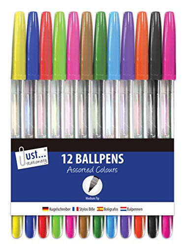 Just stationery 12 Multicoloured Ballpoint Pens, assorted colours, 15.5cm long by 1cm diameter