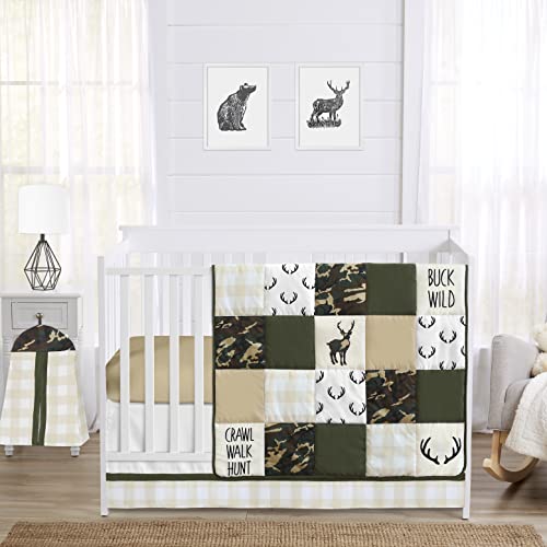 Sweet Jojo Designs Green and Beige Deer Buffalo Plaid Check Woodland Camo Baby Boy Crib Bedding Set – 4 Pieces – Rustic Camouflage