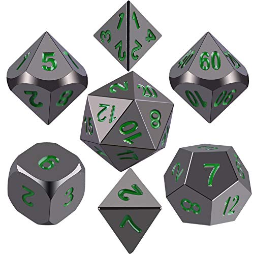 SIQUK Metal Polyhedral Dice Shiny Black Body and Dark Green Numbers Zinc Alloy Dice with Metal Case