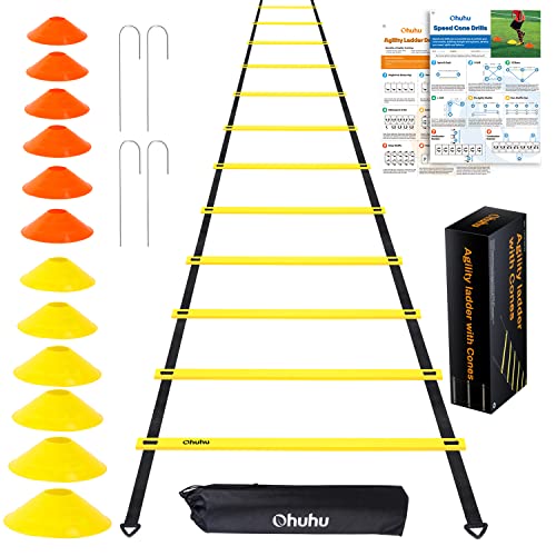 Ohuhu Agility Ladder Speed Training Set: 12 Rung 20ft Soccer Training Equipment with 12 Cones, 4 Steel Stakes, Instruction Manual & Carrying Bag for Soccer Football Exercise Sports Footwork Training