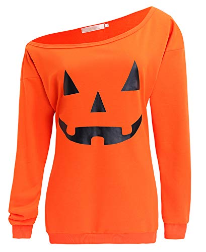 RJXDLT Women’s Halloween Shirt Slouchy Sweatshirt Off Shoulder Pumpkin Pullover 97 Orange S