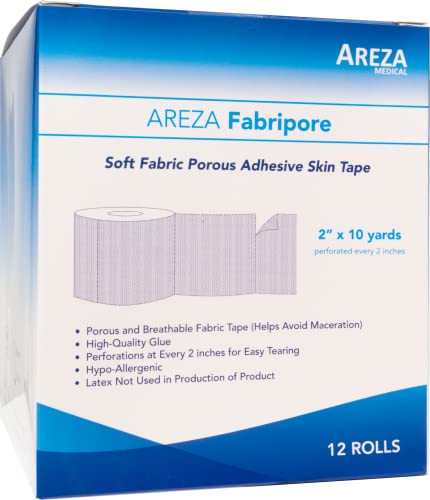 Areza Medical Surgical Tape Porous Skin Soft Fabric Cloth Adhesive Tape 2″ x 10 Yards Box of 12