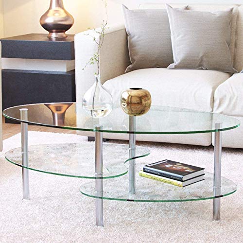 Mecor Glass Coffee Table with 2 Tier Tempered Glass Boards & Sturdy Chrome Stainless Steel Legs-Clear Oval Glass End Table Coffee Tea Table Ideal for Home Office