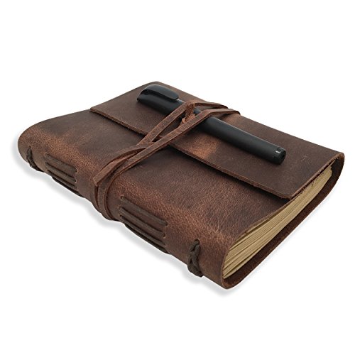 Leather Journal Writing Notebook – Genuine Leather Bound Daily Notepad for Men & Women Lined Paper 240 Kraft Pages, Handmade, Rustic Brown, 5 x 7 in