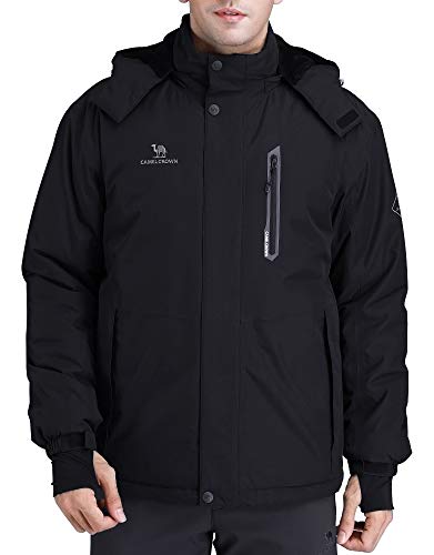 CAMEL CROWN Men’s Mountain Snow Waterproof Ski Jacket Detachable Hood Windproof Fleece Parka Rain Jacket Winter Coat Black M