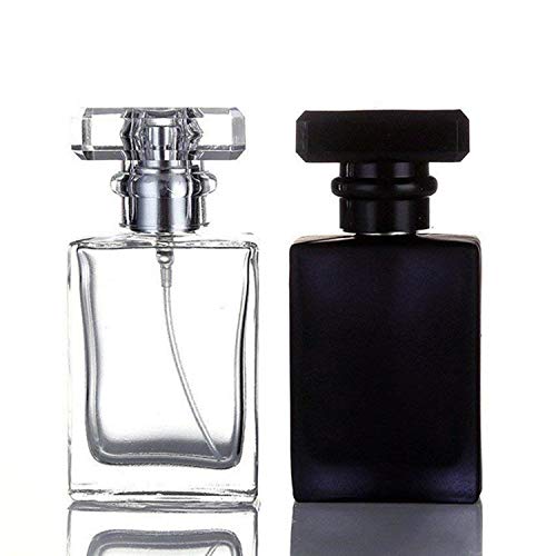 2 Pack – 30ML Flint Glass Refillable Perfume Bottle, Square Portable Cologne Atomizer Empty Bottle with Spray Applicator For Travel (Transparent and Black)