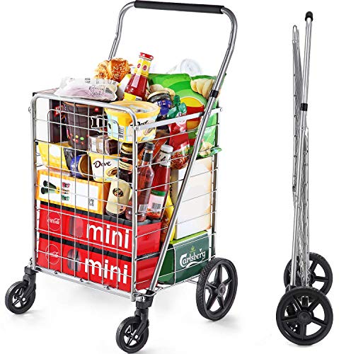 Wellmax Grocery Shopping Cart with Swivel Wheels, Foldable and Collapsible Utility Cart with Adjustable Height Handle, Heavy Duty Light Weight Trolley