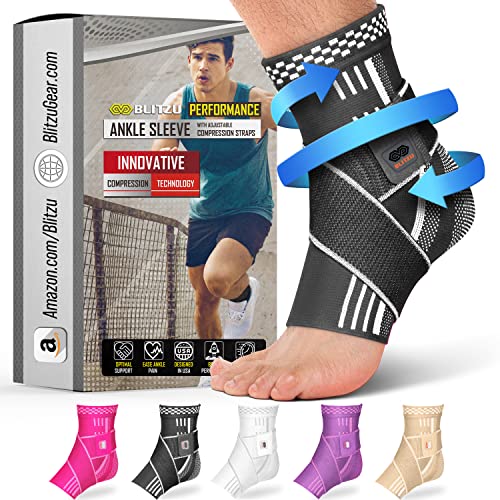 BLITZU Ankle Brace With Adjustable Compression Support Strap for Achilles Tendonitis, Joint Pain Relief. Ankle Wrap for Women & Men. Sprained Ankle & Protectors Sleeve for Heel Pain, Foot Arch Black L