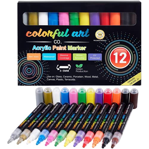 Colorful Art Co. Acrylic Paint Pens – Permanent, Waterproof Pen 12 Pack w/Reversible 3-5mm Brush Tips – Painting Markers for Rocks, Wood, Glass, Ceramic & Stone – Craft Supplies