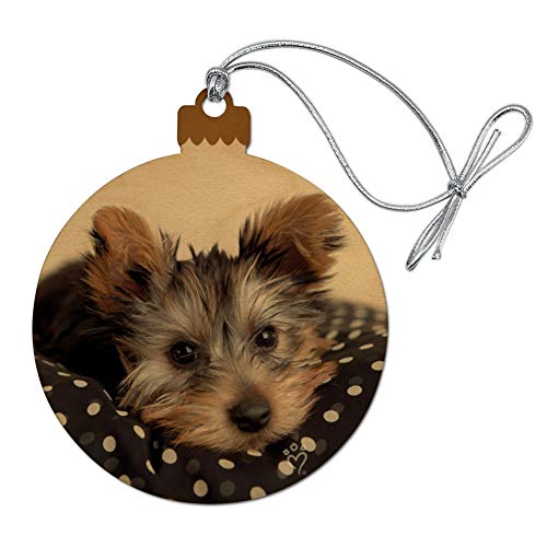 Yorkie Yorshire Terrier Puppy Dog on a Spotted Cushion Wood Christmas Tree Holiday Ornament