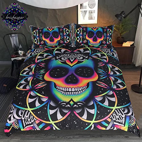 Chaos by Brizbazaar Bedding Set Colorful Skull Bedding Black Neon Skeleton Bed Cover 3 Piece Galaxy Duvet Cover Gothic Bedspread (Queen)