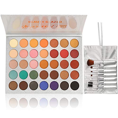 35 Colors Eyeshadow Palette with 7Pcs Makeup Brushes Set, All in One Makeup Kit Matte Shimmer Pigmented Eye Shadow Pallete Waterproof Powder Natural Nude Naked Smokey