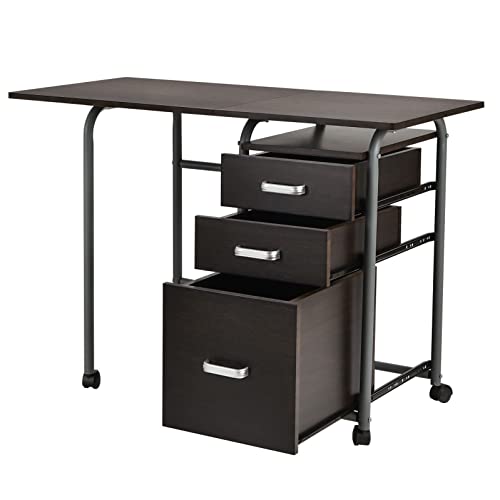 Dark Brown Rolling Folding Computer Desk 3 Drawers Ample Storage Space Laptop Notebook Workstation Study Writing Table Home Office Modern Space Saving Furniture Foldable Design Easy to Move Around