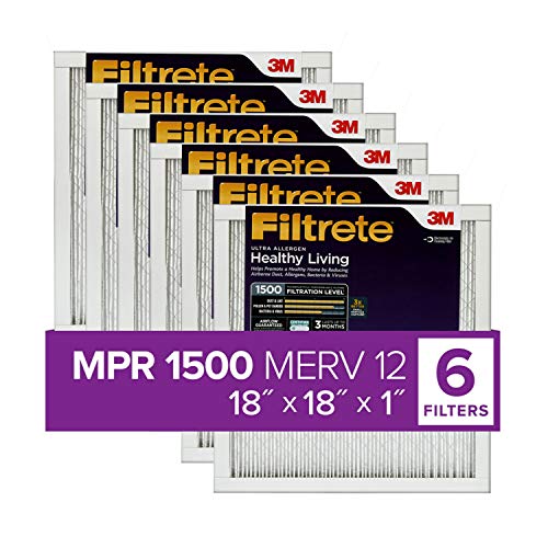 Filtrete 18x18x1 Air Filter, MPR 1500, MERV 12, Healthy Living Ultra-Allergen 3-Month Pleated 1-Inch Air Filters, 6 Filters