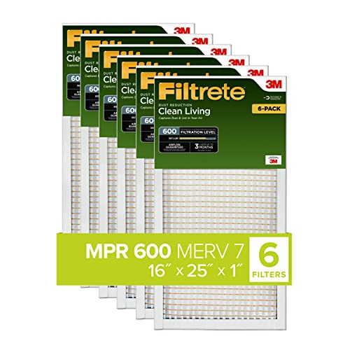 Filtrete 16x25x1 Air Filter, MPR 600, MERV 7, Clean Living Dust Reduction 3-Month Pleated 1-Inch Air Filters, 6 Filters