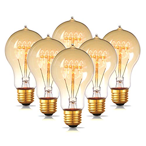 Jslinter 6-Pack Edison Light Bulb, Dimmable A19 Antique Vintage Style Old Fashioned Incandescent Light Bulbs, Amber Warm e26 Base 60w