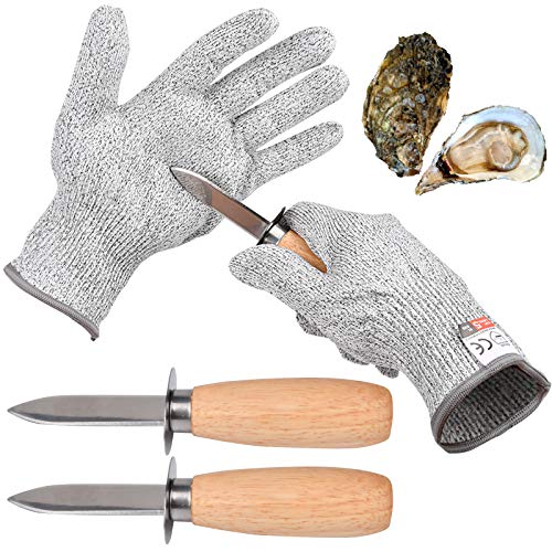 Milky House Oyster Shucking 4 Pieces Set, Oyster Shucker Opener Tool Oyster Shucking Knife with Level 5 Protection Food Grade Cut Resistant Gloves, XL