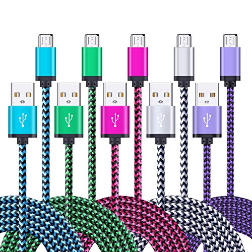FiveBox Micro USB Charger Cable, 5-Pack 6ft Micro USB Cable Cord Braided Fast Charging Phone Charger for Samsung Galaxy J3 J7 S6 S7 Edge, Tablet, LG stylo 2/3 LG G3 G4 K30 K20 Plus, Old Kindle 7 8 10