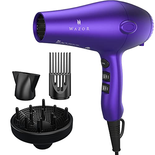 Wazor Lightweight Hair Dryer with Diffuser, Negative Ionic Professional 1875W Blow Dryer with 2 Speed 3 Heat Settings Cool Shot Purple