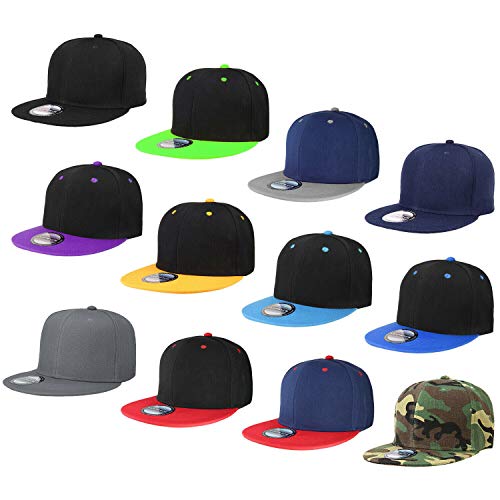 Falari Wholesale 12 Pack Snapback Hat Cap Hip Hop Style Flat Bill Blank Solid Color Adjustable Size G212-Assorted2