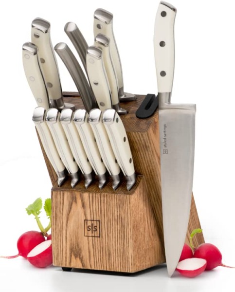 White Knife Set with Block – 14 Piece Forged Stainless Steel Triple Rivet White Kitchen Knife Set with Heavy Duty Kitchen Shears and Self Sharpening Knife Block Set