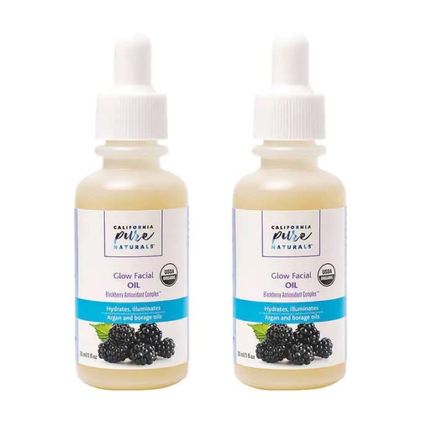 CPN California Pure Naturals Glow Facial Oil – USDA Organic – Brightening Moisturizer – Hydrates with Vegan Jojoba, Argan, Borage, Primrose, and Antioxidants for Sensitive Skin, 2 Pack