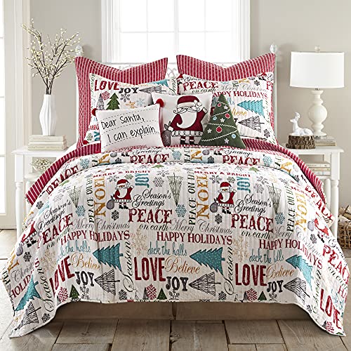 Levtex Home Merry & Bright Collecion – Santa Claus Lane Quilt Set – King/Cal King Quilt (106x92in.) + Two King Pillow Shams (36x2in.) – Christmas Script – Red, Yellow, Green and White – Reversible