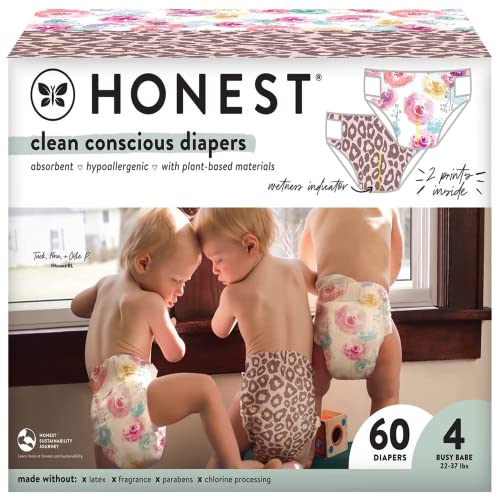 The Honest Company Clean Conscious Diapers | Plant-Based, Sustainable | Wild Thang + Rose Blossom | Club Box, Size 4 (22-37 lbs), 60 Count