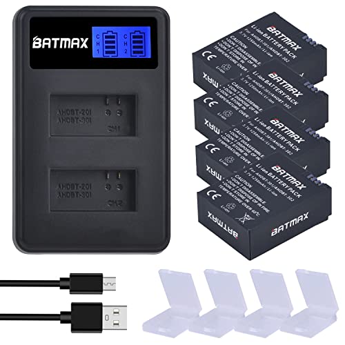 Batmax Battery (4-Pack) and LCD Dual USB Charger for Gopro 3 GoPro HERO3+, HERO3 and GoPro AHDBT-201, AHDBT-301, AHDBT-302 Action Cameras