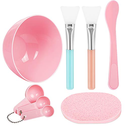 Teenitor Facemask Mixing Tool Sets, DIY Face Mask Mixing Bowl Set include Facial Mask Mixing Bowl Stick Spatula SiliconeCream Mask Brushes Gauges Puff, Pack of 8, Pink
