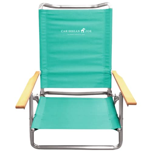 Caribbean Joe Folding Beach Chair, 5 Position Lightweight and Portable Reclining Outdoor Camping Chair with Wooden Armrests and Carry Strap, Teal