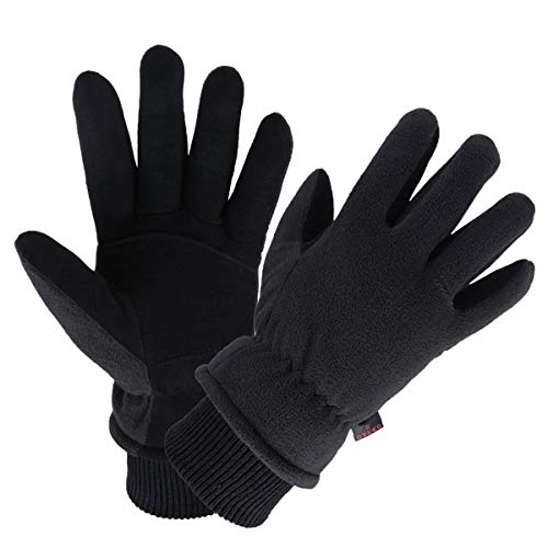 OZERO Winter Gloves Deerskin Leather Thermal Ski Glove Insulated Fleece for Snow Skiing Driving Cycling Hiking Runing Hand Warmer in Cold Weather for Men and Women Large Black
