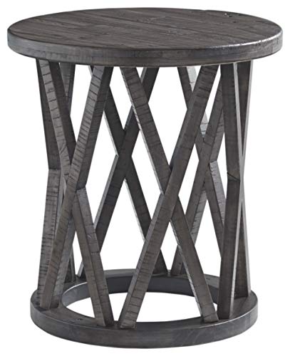 Signature Design by Ashley Sharzane Rustic Round End Table Made of Solid Pine Wood, Gray with Weathered Finish