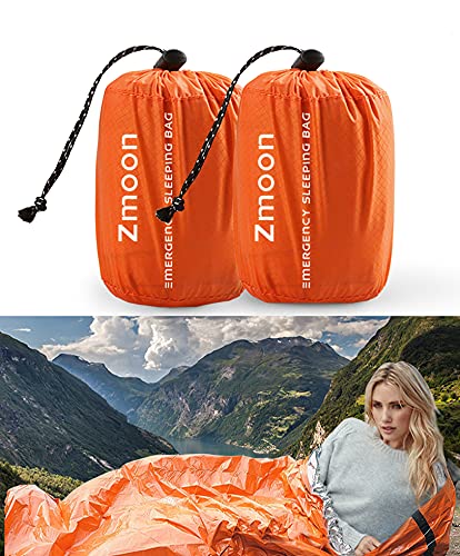 Zmoon Emergency Sleeping Bag 2 Pack Lightweight Survival Sleeping Bags Thermal Bivy Sack Portable Emergency Blanket for Camping, Hiking, Outdoor, Activities (Orange)