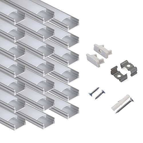 hunhun 20-Pack 6.6ft/ 2Meter U Shape LED Aluminum Channel System with Milky Cover, End Caps and Mounting Clips, Aluminum Profile for LED Strip Light Installations, Very Easy Installation