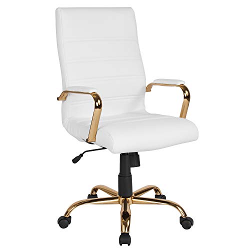 Flash Furniture Whitney High Back Desk Chair – White LeatherSoft Executive Swivel Office Chair with Gold Frame – Swivel Arm Chair