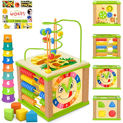 TOYVENTIVE Wooden Kids Baby Activity Cube – Girls Gift Set | 1st Birthday Gifts Toys for 1 One, 2 Year Old Girl | Developmental Toddler Educational Learning Girl Toys 12-18 Months | Bead Maze