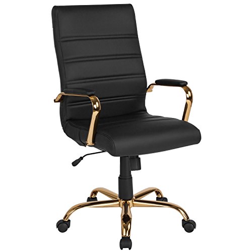 Flash Furniture Whitney High Back Desk Chair – Black LeatherSoft Executive Swivel Office Chair with Gold Frame – Swivel Arm Chair