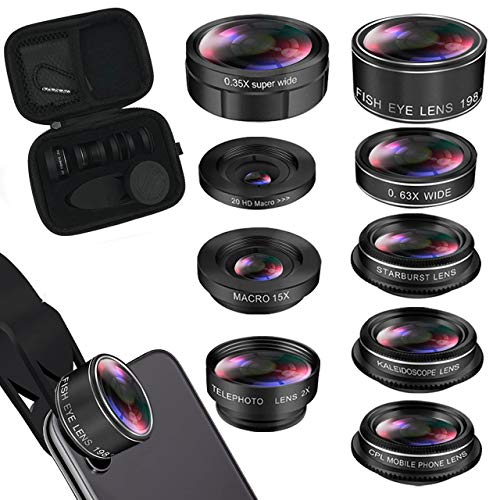 KEYWING Phone Lens Kit 9 in 1 Phone Camera Lens, Zoom Lens+198° Fisheye +0.35X Super Wide-Angle + 20X Macro Lens + 0.63X Wide Lens + CPL +Kaleidoscope Lens +Starburst for iPhone Samsung Android