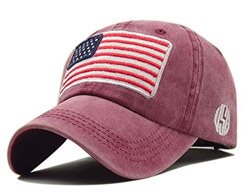 LOKIDVE Embroidered American Flag Baseball Cap Washed Cotton Low Profile Hat-Burgundy