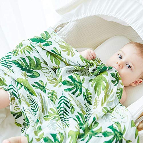 Anbenser Receiving Baby Blanket for Boy Girl 47″ x 47″ Breathable Bamboo Cotton Muslin Swaddle Blankets Green Leaf