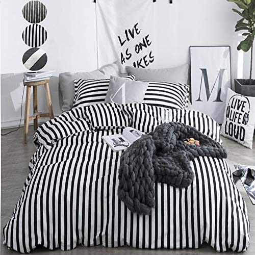 CLOTHKNOW Striped Bedding Duvet Cover Set Twin Cotton Black White Bedding Sets Twin for Boys Girls Kids Ticking Bedding 3Pcs Bedding Duvet Cover Sets with Zipper Closure and 2 Pillowcases