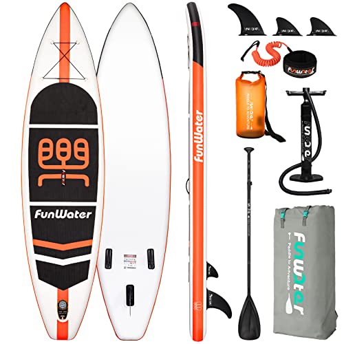 FunWater Stand Up Paddle Board 11’x33”x6” Ultra-Light (20.4lbs) Inflatable Paddleboard with ISUP Accessories,Three Fins,Adjustable Paddle, Pump,Backpack, Leash, Waterproof Phone Bag