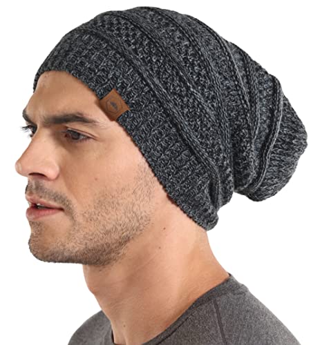 Slouchy Winter Beanie Knit Hat for Men & Women – Oversized Long Slouch Beanie Cap – Warm & Soft Cold Weather Toboggan Caps Black Gray