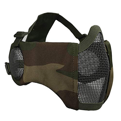 IDOGEAR Airsoft Masks, Adjustable Airsoft Half Face Mask Steel Mesh with Ear Protection, Military Style Tactical Lower Face Mask for Hunting, Paintball, Shooting (Woodland-with Ear Protection)