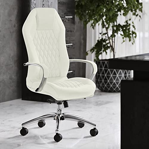 Modern Ergonomic Sterling Genuine Leather Executive Chair with Aluminum Base – White