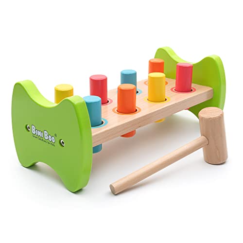 Bimi Boo Wooden Toddler Bench – Toy Hammer – Pounding and Hammering Toy – Cause and Effect Toys – 24 Months+ (Hammer, 8 Colored Pegs) – Pounding Bench for Toddlers