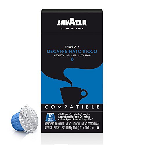 Lavazza Premium Coffee Corp Nespresso OriginalLine Compatible Capsules, Espresso Decaffeinato Ricco, Dark Roast Coffee, 10 Ct